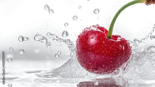 Juicy Cherry Dropping into Clear Water Splash