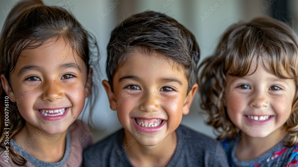 A portrait of three diverse kids, smiling brightly A portrait of three diverse kids, smiling brightly
