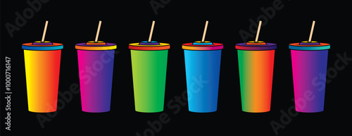 Fast food plastic cup with straw. Hot or cold drink. Original vector illustration in vintage style.