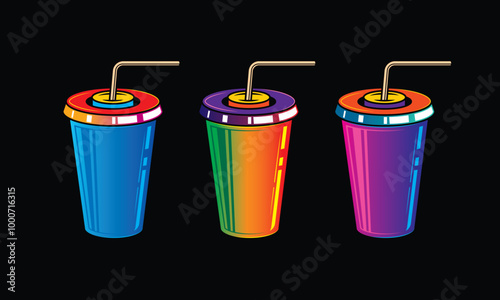 Fast food plastic cup with straw. Hot or cold drink. Original vector illustration in vintage style.