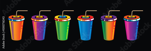 Fast food plastic cup with straw. Hot or cold drink. Original vector illustration in vintage style.