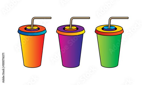 Fast food plastic cup with straw. Hot or cold drink. Original vector illustration in vintage style.