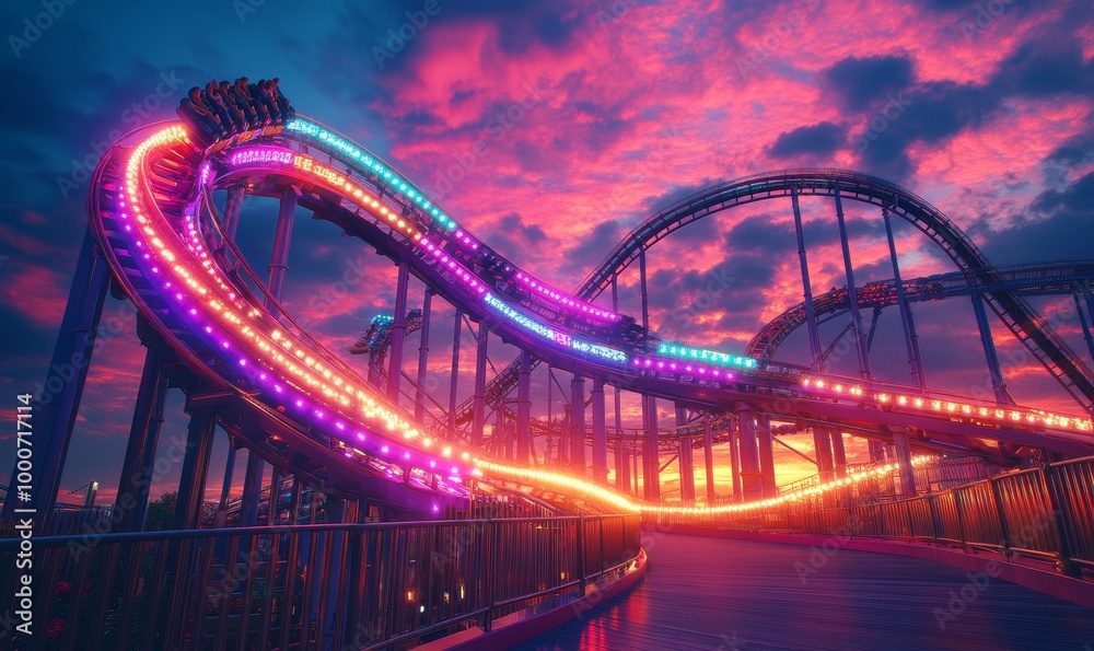 Fototapeta premium Dynamic roller coaster tracks glowing with neon lights under a vibrant sunset sky, symbolizing excitement, speed, and thrilling amusement park, Generative AI