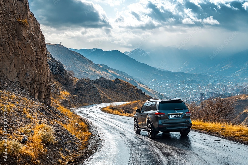 Luxury SUV driving on a scenic mountain road with a city view, ideal for travel promotions, road trip articles, or car advertisements. generative ai Luxury SUV driving on a scenic mountain road with a city view, ideal for travel promotions, road trip articles, or car advertisements. generative ai