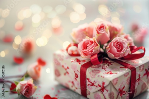 Elegant Pink Roses on Romantic Gift Box with Red Ribbon for Special Occasions