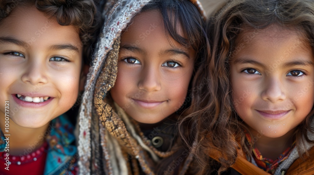 A close-up of three children from diverse backgrounds, smiling warmly A close-up of three children from diverse backgrounds, smiling warmly