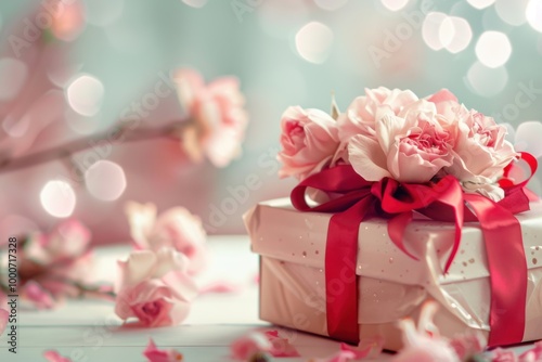 Elegant Pink Roses on Romantic Gift Box with Red Ribbon for Special Occasions