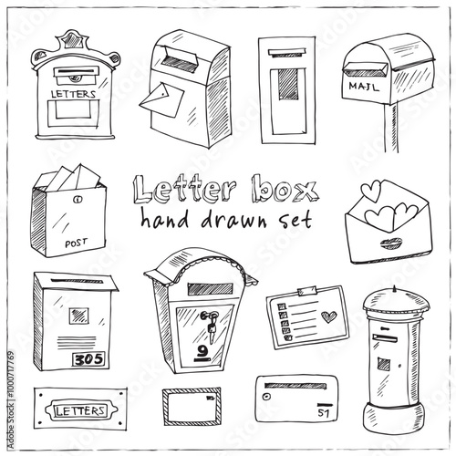 Letter box hand drawn doodle set. Vector illustration. Isolated elements on white background. Symbol collection.