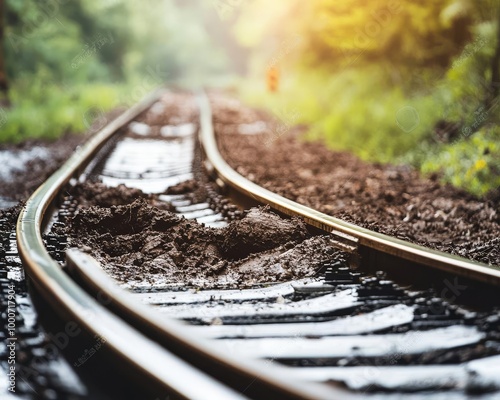 Close-up view of railway tracks surrounded by nature, with sun shining through trees.