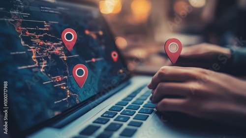 Local search engine optimization concept with people placing location pins on laptop screen, marketing strategy to improve online visibility and attract nearby, Generative AI
