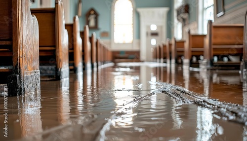 Flooded interior of a church, showcasing water damage and affected wooden benches.