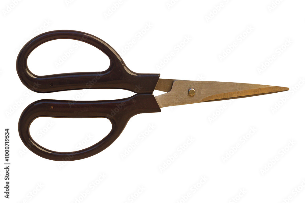 Household scissors with black plastic handles when closed, the tip is directed to the right isolated on transparent, white background, close-up, top view. Blank form for artworks. Stationery Tools Household scissors with black plastic handles when closed, the tip is directed to the right isolated on transparent, white background, close-up, top view. Blank form for artworks. Stationery Tools