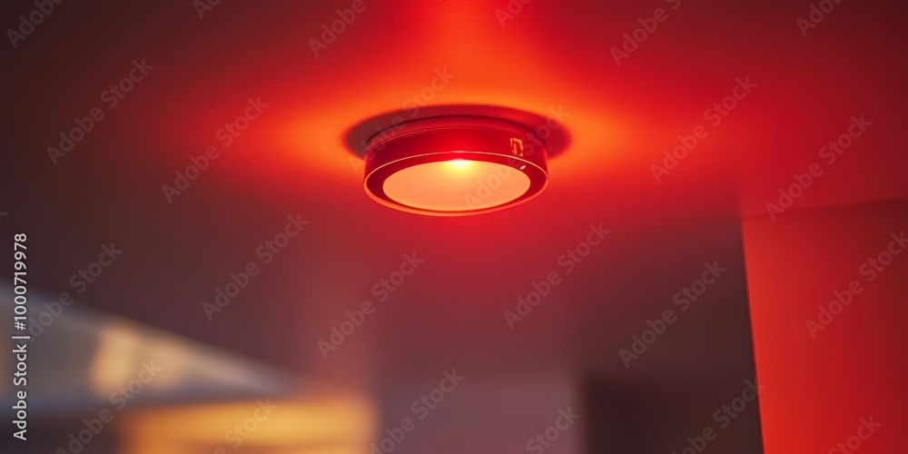 Active Smoke Detector on Ceiling with Red Warning Light in Hazy Room Indicating Potential Fire Hazard and Safety Measures in Place, Generative AI