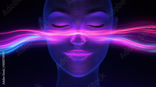 A giant surreal face beaming a smile, made entirely of flowing light, with colorful energy swirling around it, light smile, joyful encouragement, Lively, Minimalist,