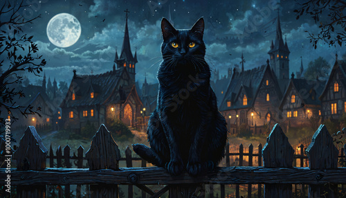 Chat noir sous la lune dans un village magique photo