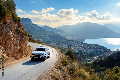 Luxury SUV driving on a scenic mountain road with a city view, ideal for travel promotions, road trip articles, or car advertisements. generative ai