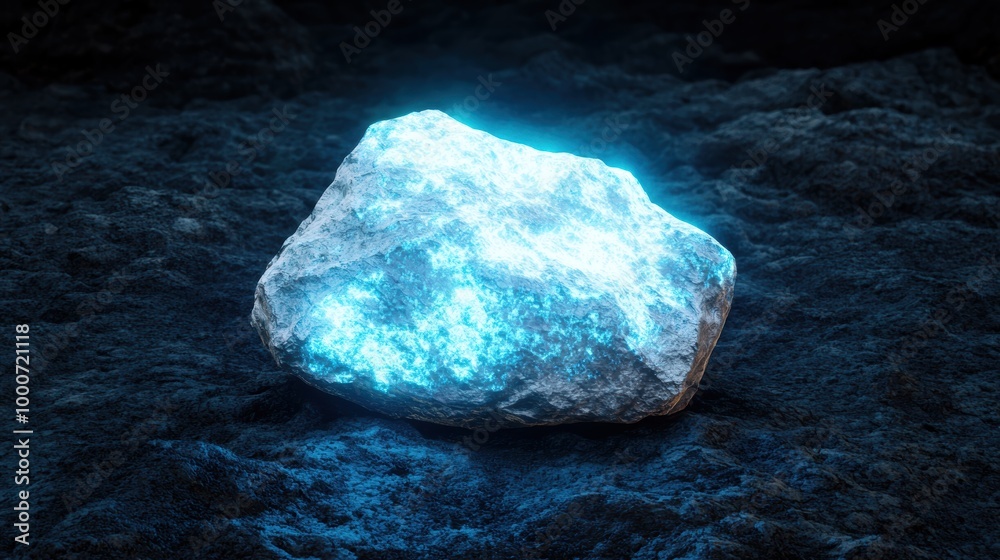 Glowing blue crystal rock in dark environment Glowing blue crystal rock in dark environment