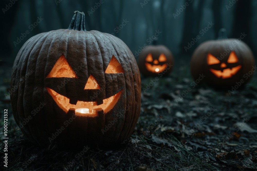Spooky jack-o'-lanterns in a dark forest Spooky jack-o'-lanterns in a dark forest