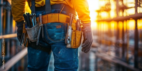 Close-up of construction workers tool belt with various tools on a high-rise construction site at sunset, showcasing industry safety and labor, Generative AI