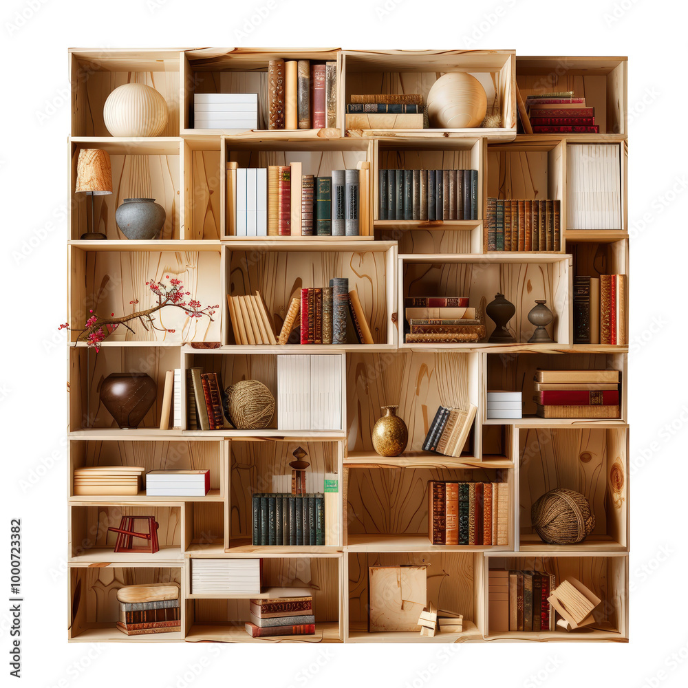 Modern Wooden Bookshelf with Decorative Elements Isolate on a White Background Transparent Background Modern Wooden Bookshelf with Decorative Elements Isolate on a White Background Transparent Background