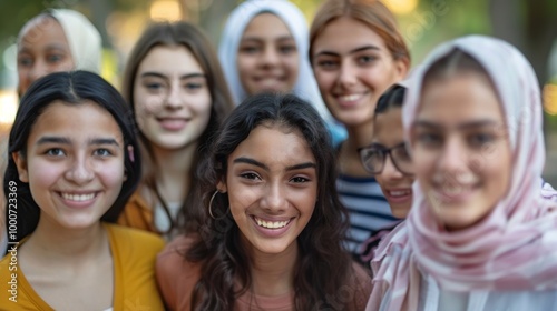 A group of young women from diverse ethnicities, all smiling and standing closely together