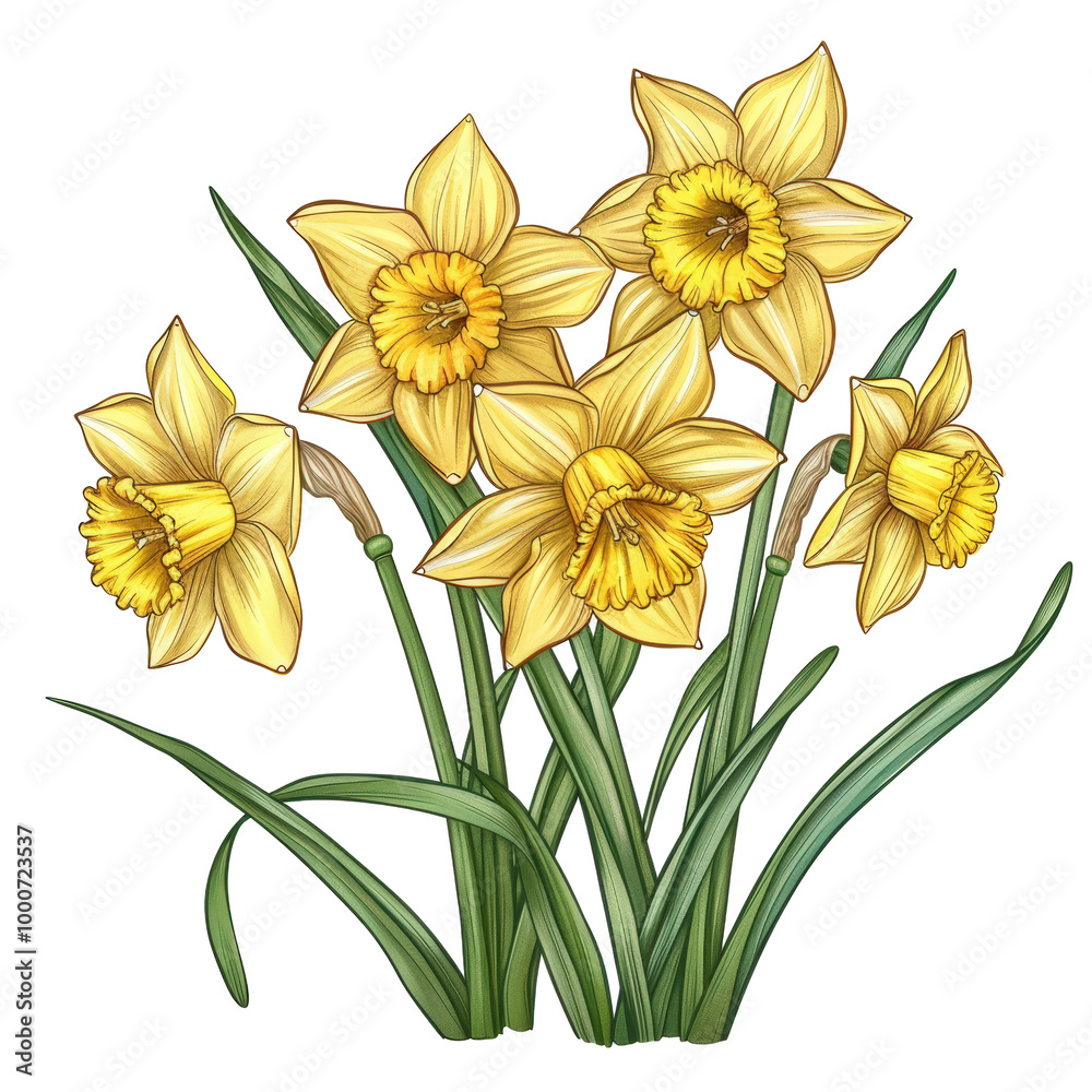 Bright Cluster of Daffodils in a Garden Setting Isolate on a White Background Transparent Background Bright Cluster of Daffodils in a Garden Setting Isolate on a White Background Transparent Background
