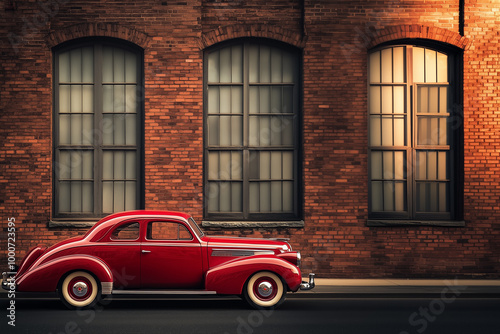 lassic Red Vintage Car in Front of Brick Building photo