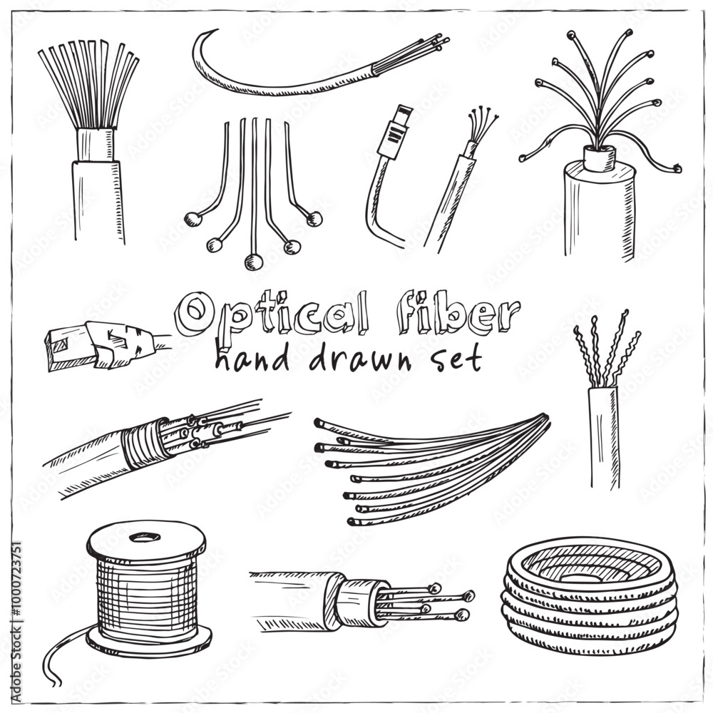Optical fiber hand drawn doodle set. Vector illustration. Isolated elements on white background. Symbol collection.