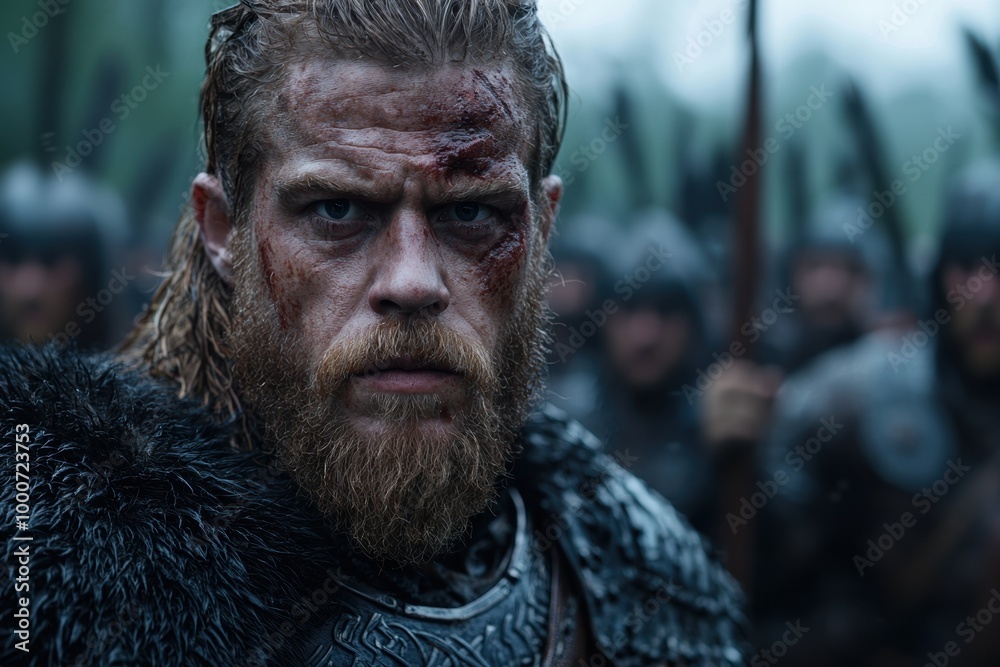 Rugged warrior with battle scars and intense expression Rugged warrior with battle scars and intense expression