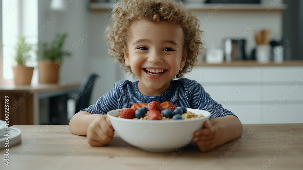 Smiling Child Enjoying a Healthy Breakfast with Fresh Fruit Smiling Child Enjoying a Healthy Breakfast with Fresh Fruit