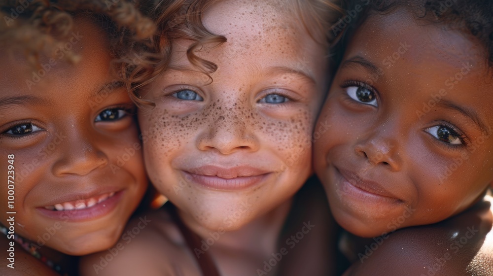 A heartwarming close-up of three smiling kids with different hair textures A heartwarming close-up of three smiling kids with different hair textures