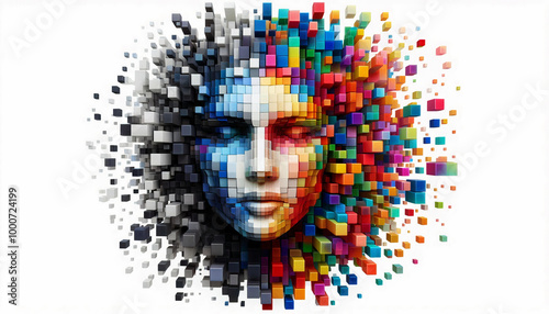 Digital artwork of a human face constructed from colorful 3D cubes, symbolizing the complexity and diversity of human identity and perception