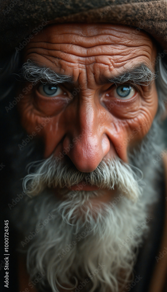 A close up of an old man with a white beard and blue eyes. A close up of an old man with a white beard and blue eyes.