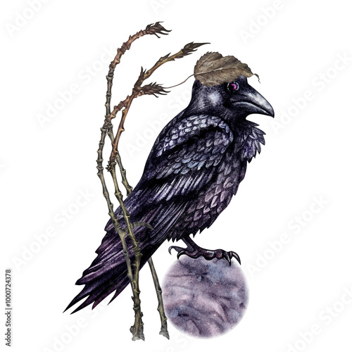 Black raven with a candle sitting on a moon in a frame of purple toadstools, dry branches. Watercolor template for esoteric, witchcraft, Halloween for invitation, advertising, cards, postcards photo