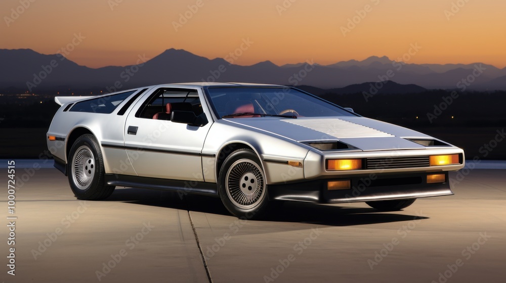 Fototapeta premium A classic silver sports car is parked against a backdrop of mountains at dusk, exuding vintage charm and elegance.
