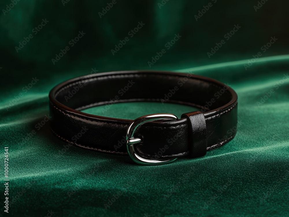 Elegant black leather belt on green fabric Elegant black leather belt on green fabric