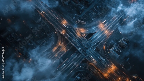 Aerial view of a complex highway interchange illuminated at night.