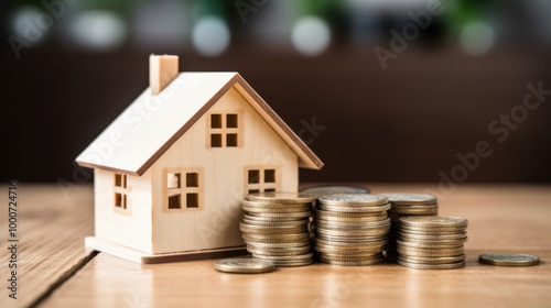 A miniature wooden house model sits beside neatly stacked coins and scattered dollar bills, symbolizing real estate investment and financial planning.