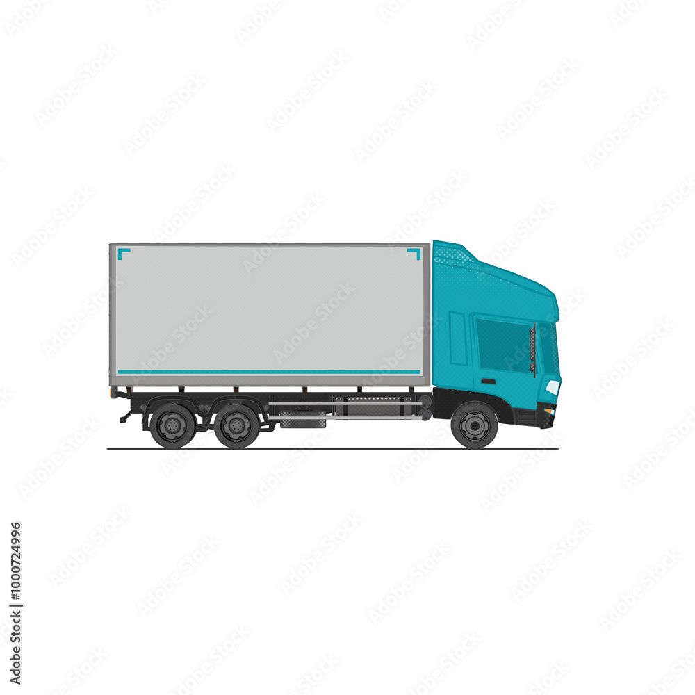 Fototapeta premium 3D Isometric Cargo Truck Half Tone Vector Illustration Modern CyanCabine and White Van Intercity Delivery Vehicle 6x4Design for Logistics Transport Presentation Social Media Video Promo Right 