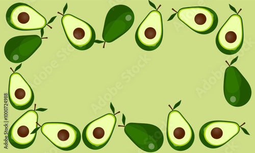 Natural avocados on green background. Vector illustration, template with space for text. Whole and half fruit. Healthy nutrition fruit. Healthy food.