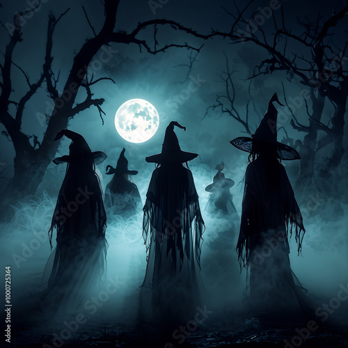In the halloween night scene, Eerie silhouettes dressed as ghosts and witches, create a hunting and suspenseful environment
