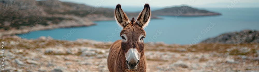 Curious donkey in scenic mountain landscape Curious donkey in scenic mountain landscape