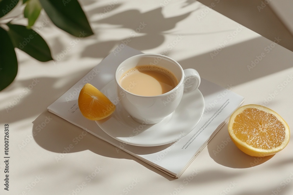 Magazine mockup with a lagurus and a cup of coffee on the beige table..generative ai Magazine mockup with a lagurus and a cup of coffee on the beige table..generative ai