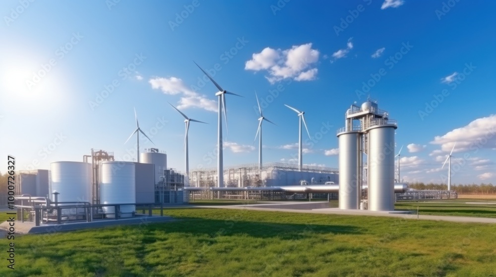 A modern facility with wind turbines and hydrogen cylinders, showcasing green hydrogen renewable energy production. A modern facility with wind turbines and hydrogen cylinders, showcasing green hydrogen renewable energy production.