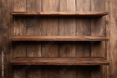 Rustic wooden shelves on a wooden wall