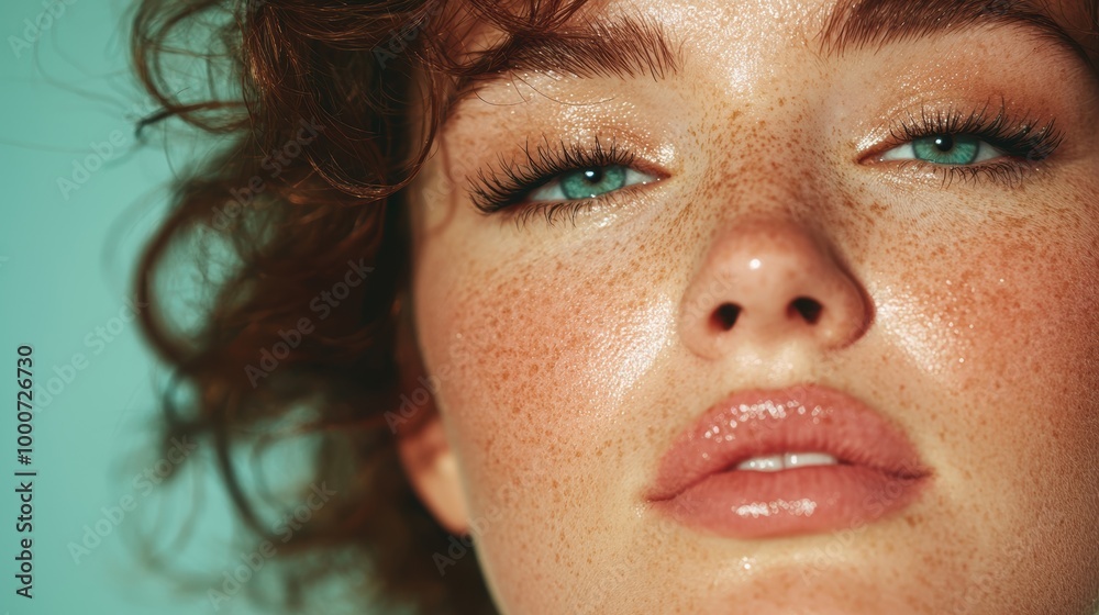 close-up portrait of a woman with freckles and long eyelashes close-up portrait of a woman with freckles and long eyelashes