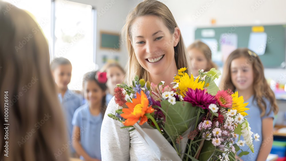 A teacher smiles as she receives a bouquet of flowers from her students on Teacher's Day. A teacher smiles as she receives a bouquet of flowers from her students on Teacher's Day.