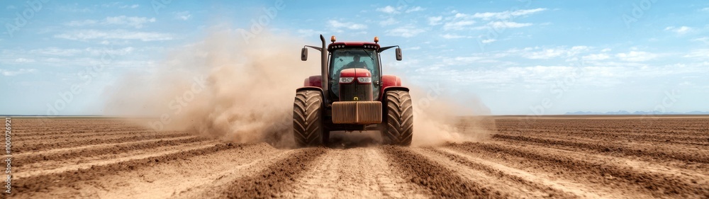 Powerful tractor plowing dusty field Powerful tractor plowing dusty field