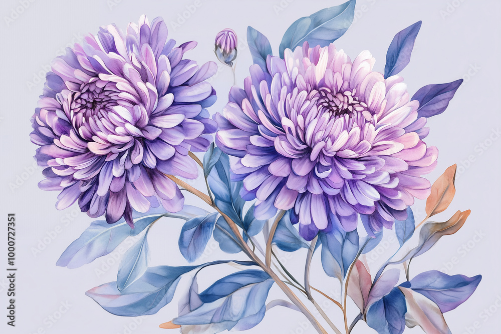 Obraz premium Blossom painted aster flowers, leaves. Trendy design