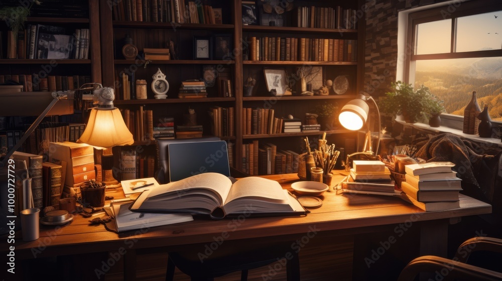 A warmly lit home office with a cluttered desk and bookshelves filled with books and papers, creating a cozy and scholarly ambiance.